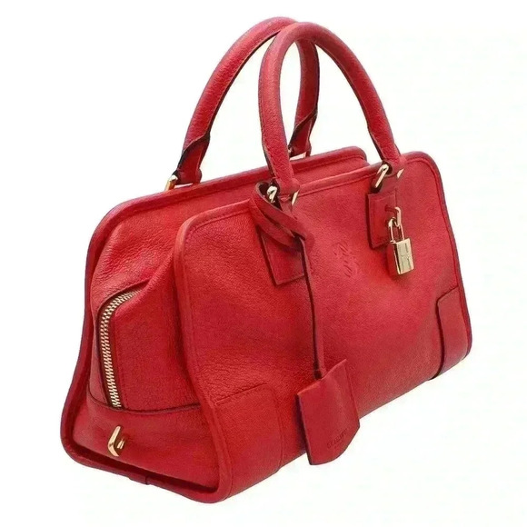 Loewe Amazona 28 Boston Leather Hand Bag Red Guaranteed Authentic - Picture 3 of 12